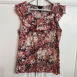 Ann Taylor Size Medium Flutter Sleeve Scoop Neck w/Large Ruffles Pink/Black Top